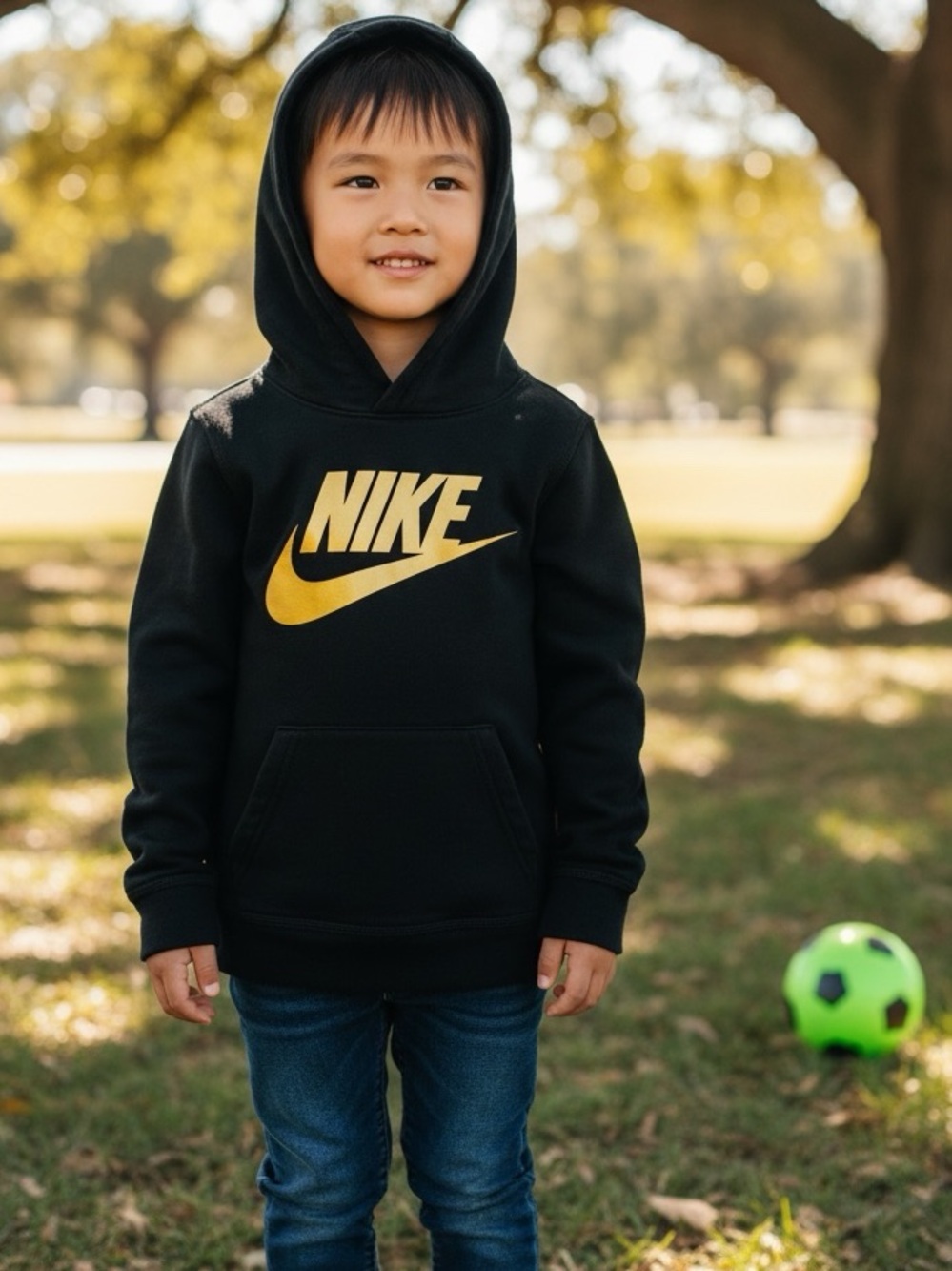 👛(ANY 2/$15) NIKE Black Hoodie Gold Lettering Kangaroo Pocket 6-7. VIDEO